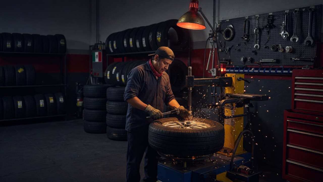 Técnico profesional inspeccionando una llanta en taller de vulcanizadora en Ciudad de México