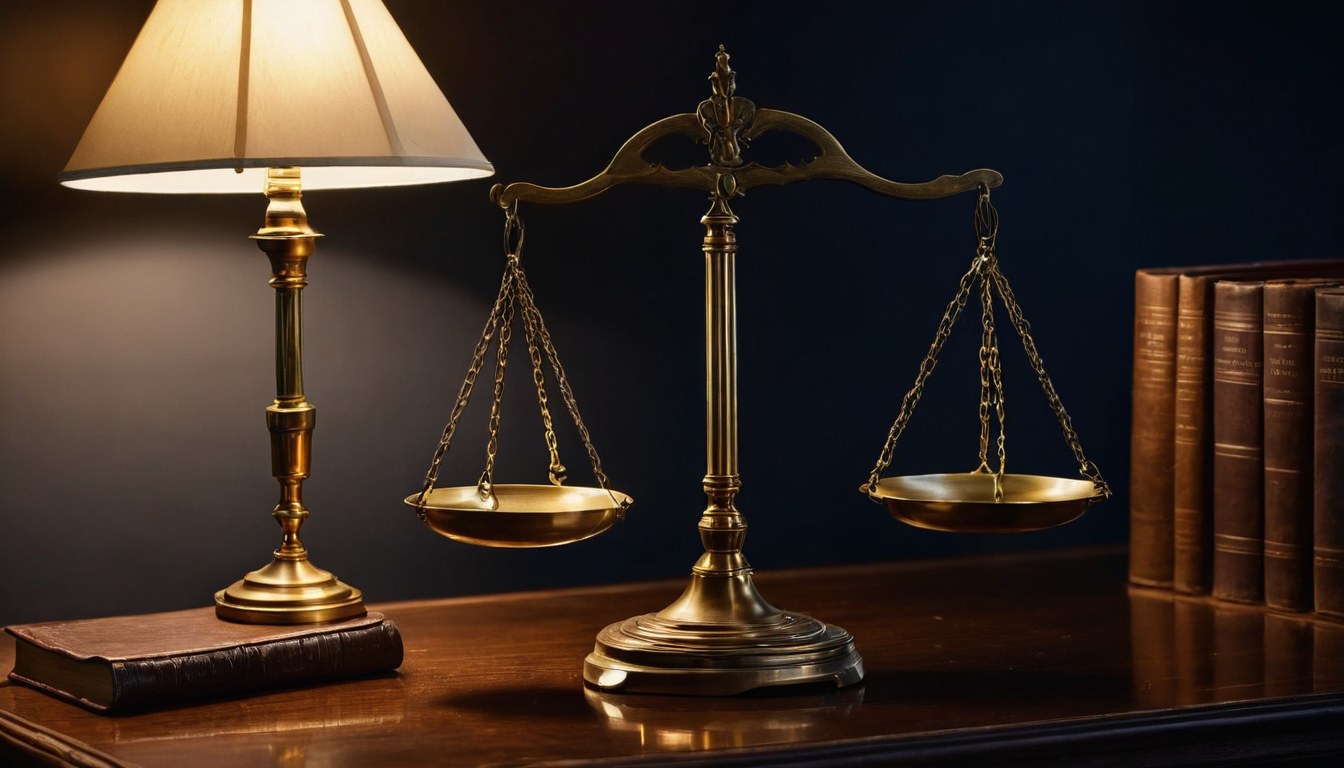 Balanza de la justicia sobre escritorio en despacho jurídico de Ciudad de México