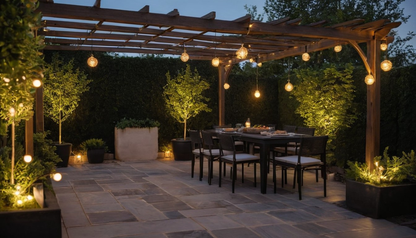 Terraza de jardín para eventos al atardecer con luces colgantes