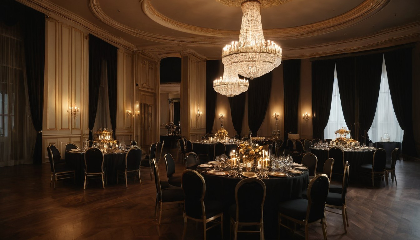 Salón de eventos con iluminación cálida y mesas preparadas para recepción