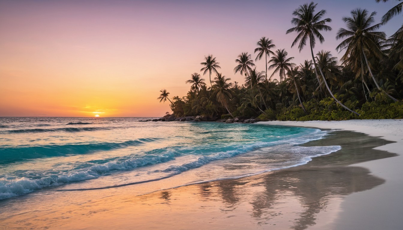 Playa paradisíaca con mar turquesa, atardecer dorado — Ciudad de México