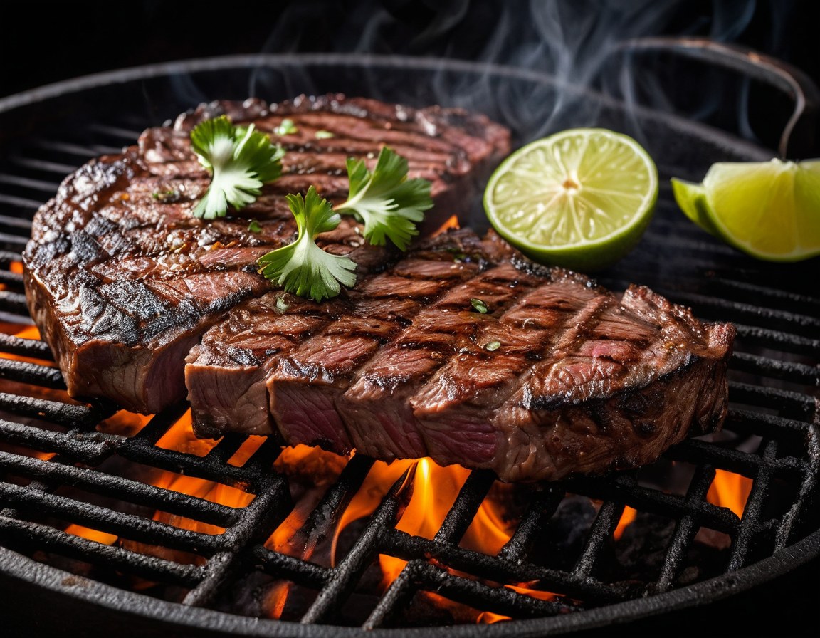 Arrachera marinada asándose al carbón con marcas de parrilla en Ciudad de México