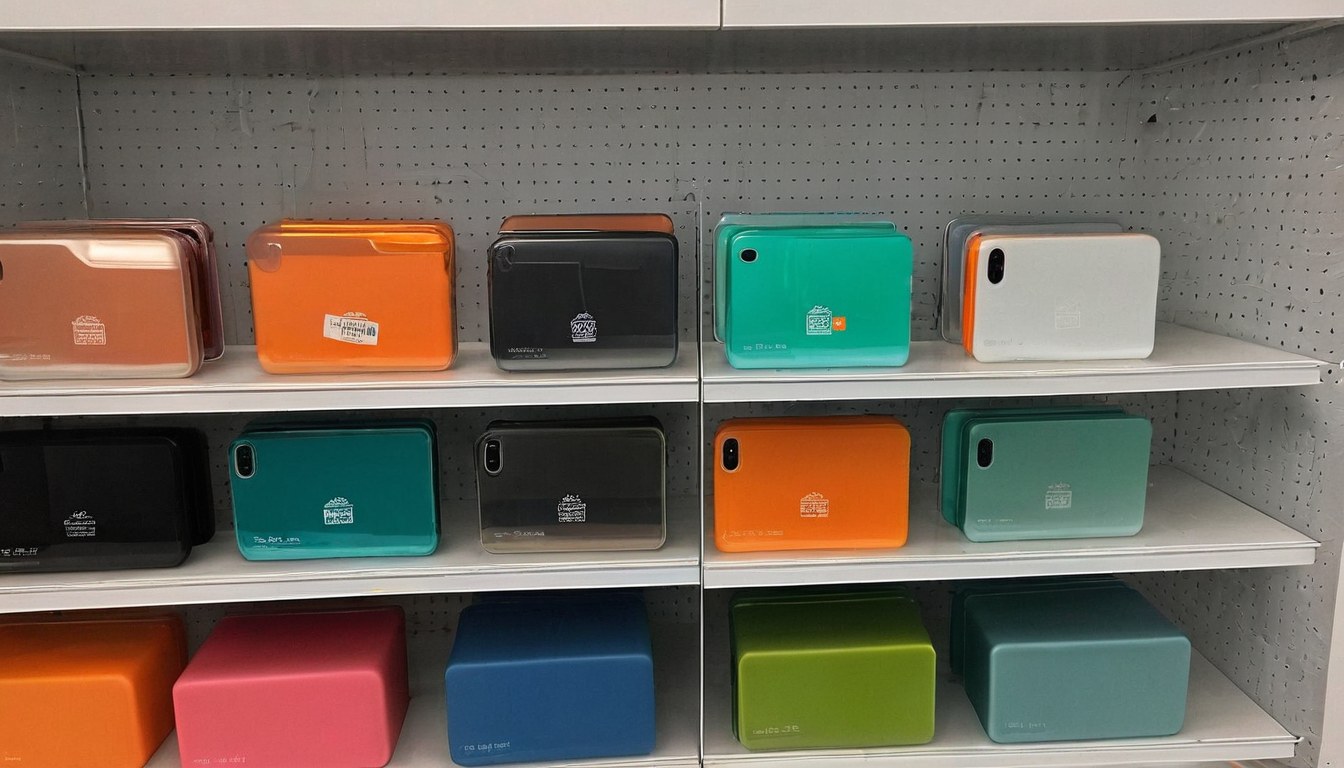 Fundas de celular de varios estilos y colores en exhibidor de accesorios
