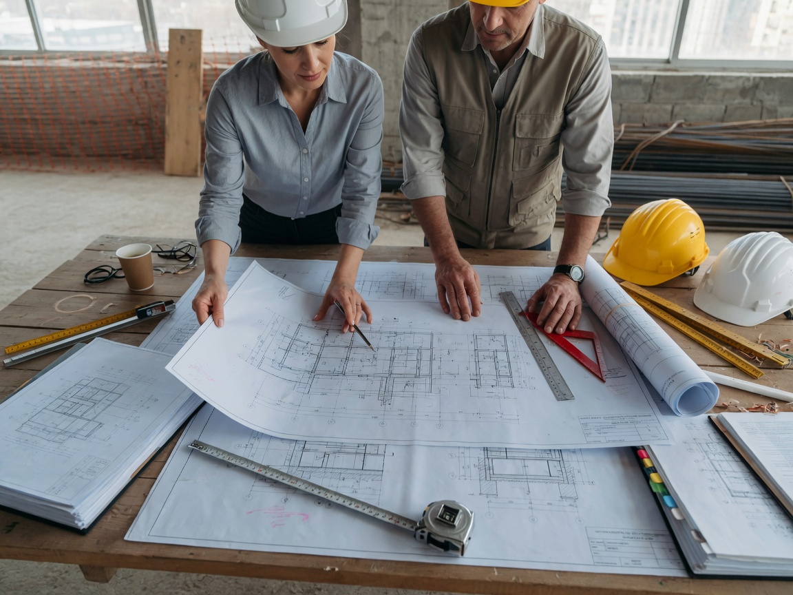 Ingeniero y arquitecto revisando planos de construcción en obra
