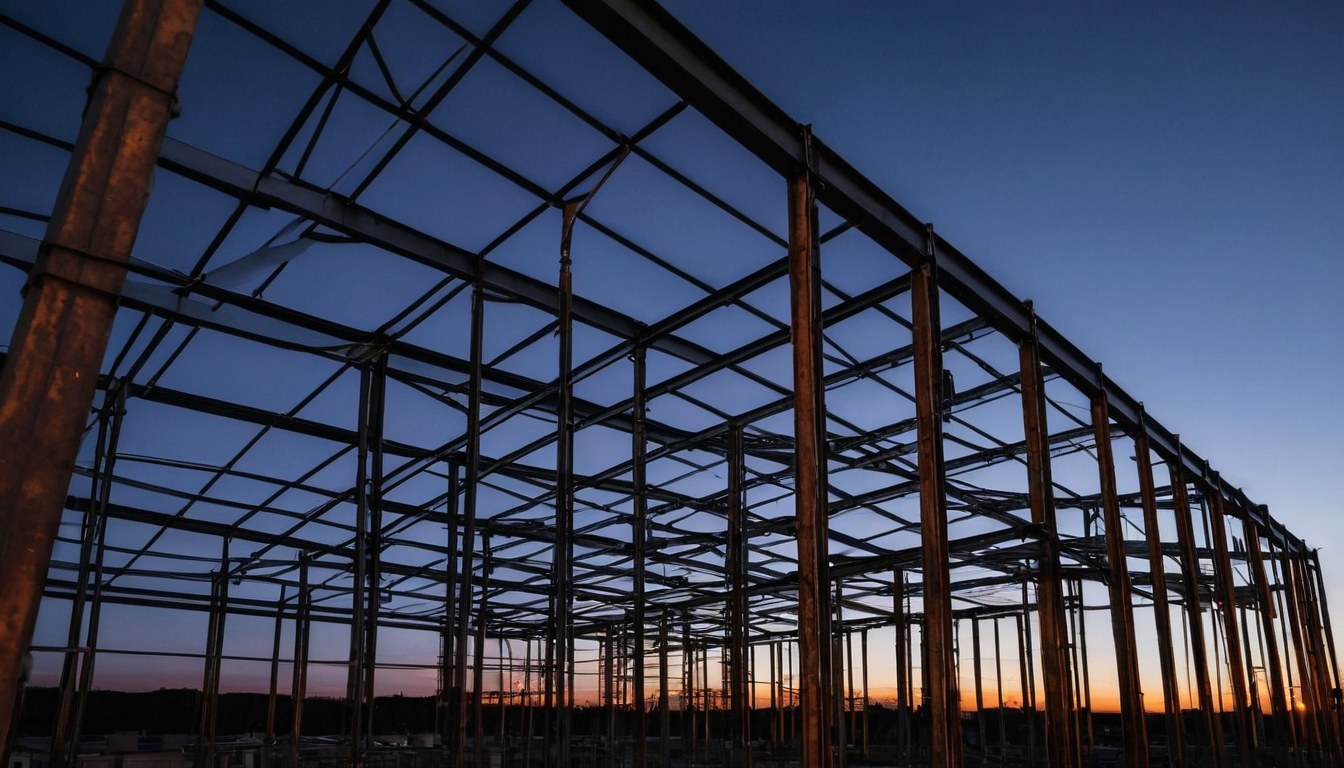 Estructura de construcción residencial moderna al atardecer