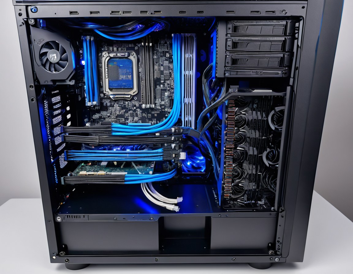 Gabinete de escritorio abierto con cableado ordenado