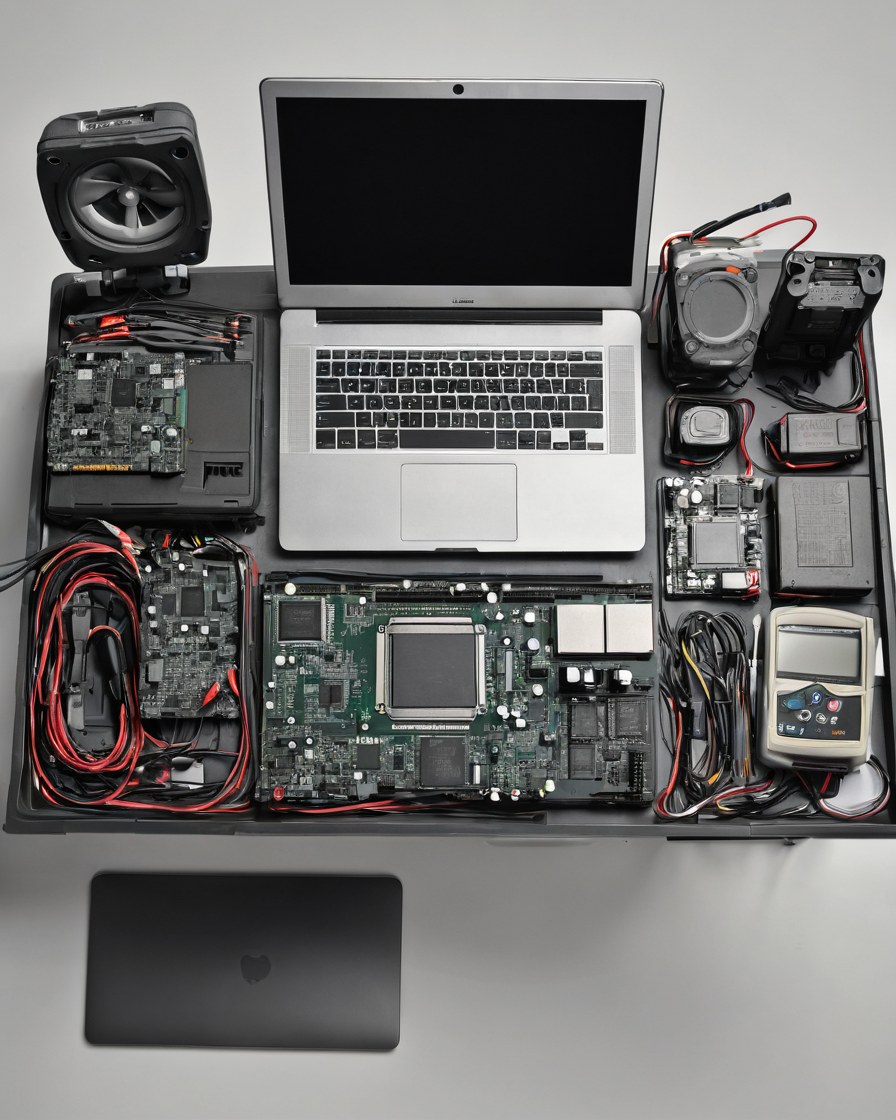 Banco de reparación ordenado con una laptop abierta y un multímetro