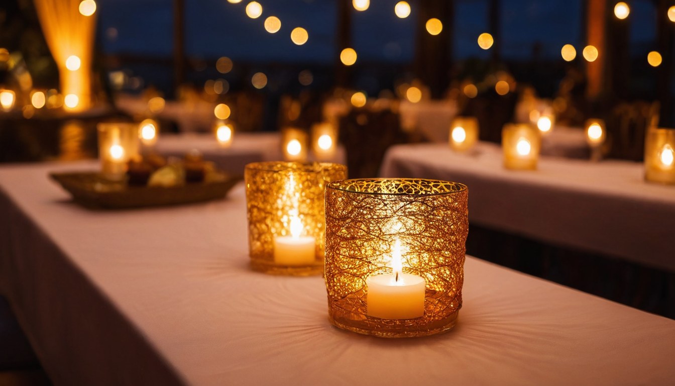 Ambiente cálido de recepción con luces y velas