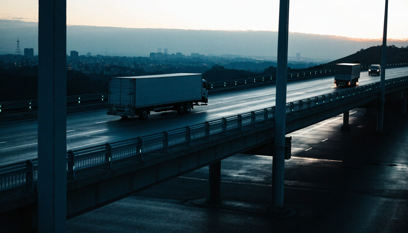 Camión de caja seca cruzando un viaducto al atardecer