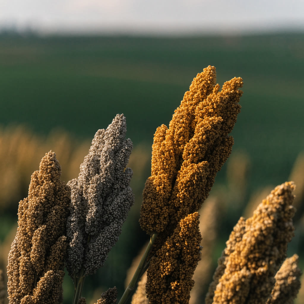Panojas de sorgo maduro en el campo