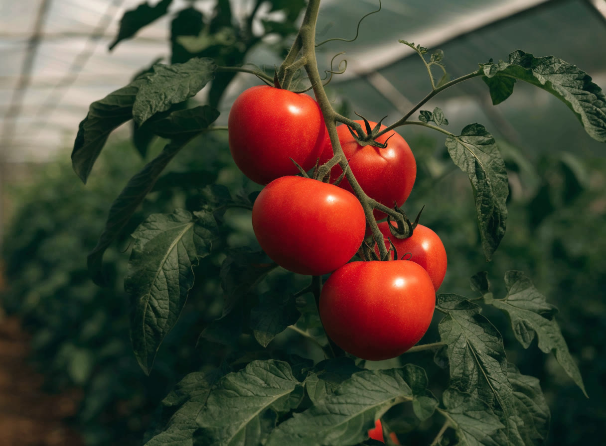 Jitomates rojos en la planta dentro de un invernadero