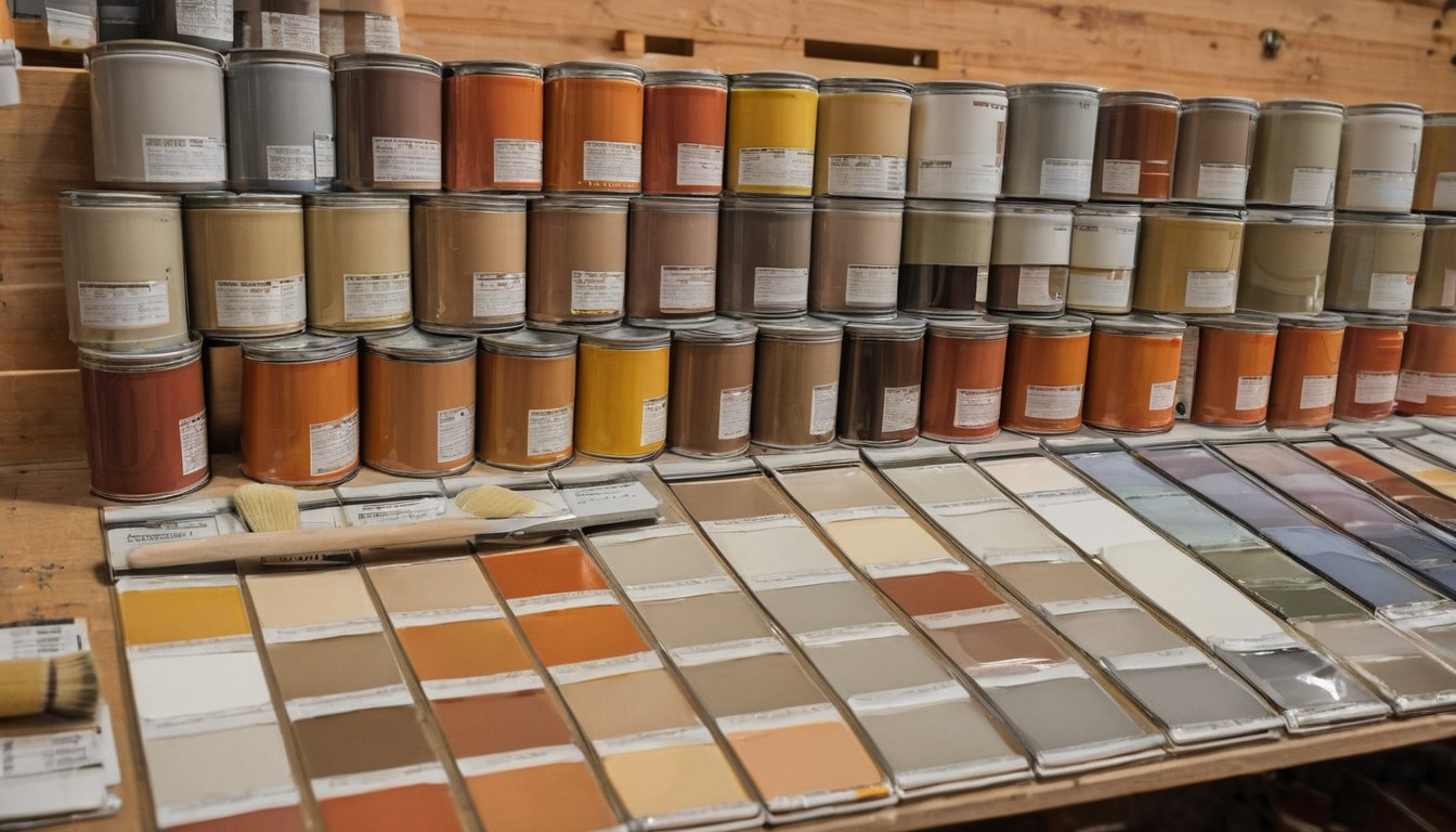 Mostrador de ferretería con latas de pintura y muestras de color