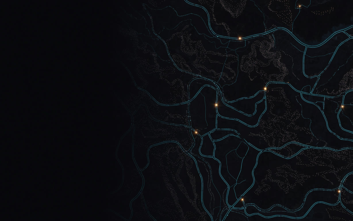 Red de rutas de reparto vista de noche desde lo alto