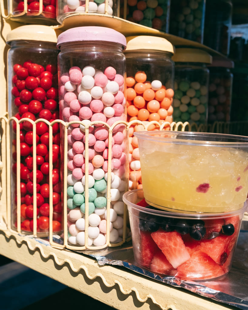 Carrito con frascos de dulces de colores y vasos de fruta