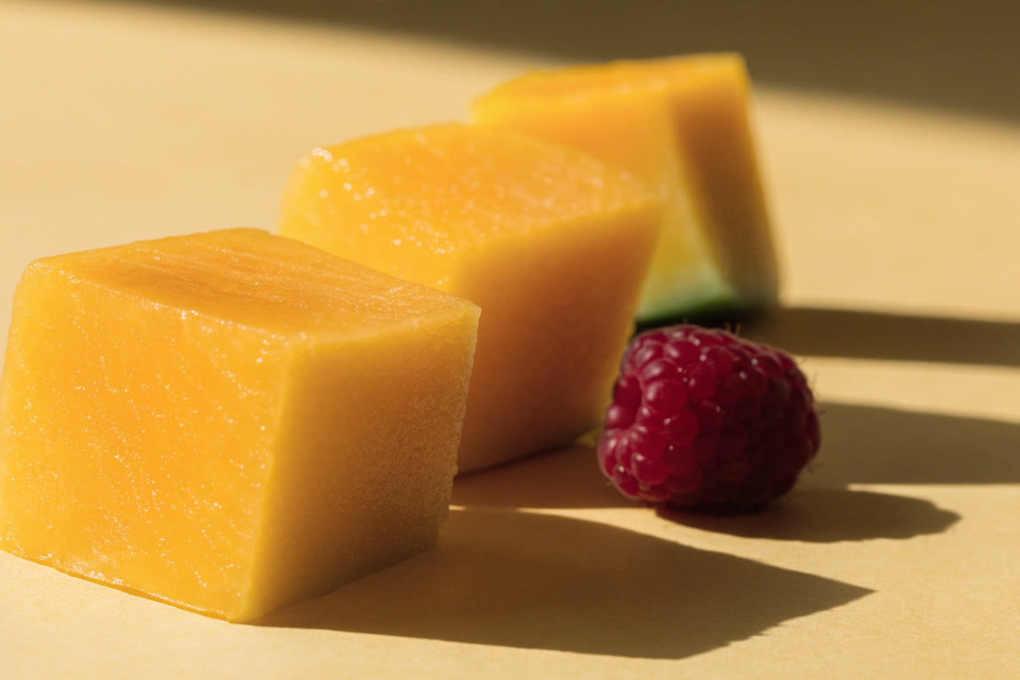 Cubos de mango y una frambuesa sobre fondo amarillo