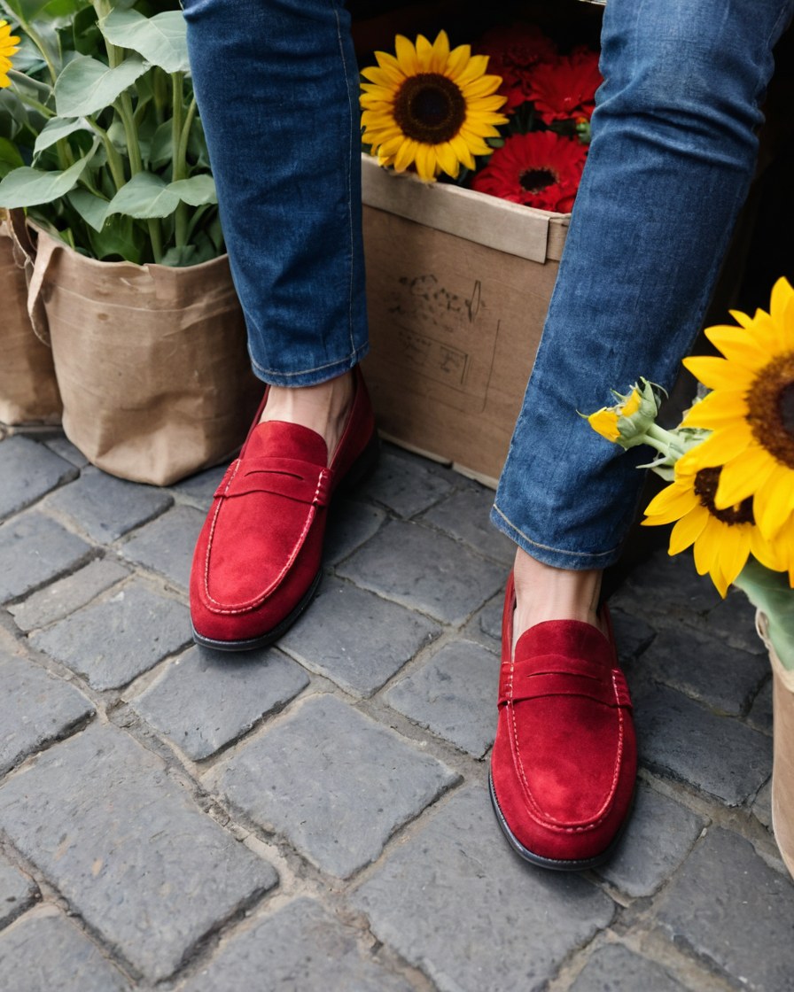 Mocasines rojos sobre el empedrado junto a un puesto de flores