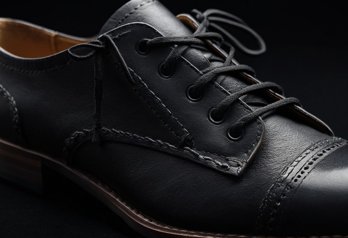 Textura de piel negra y agujetas de un zapato