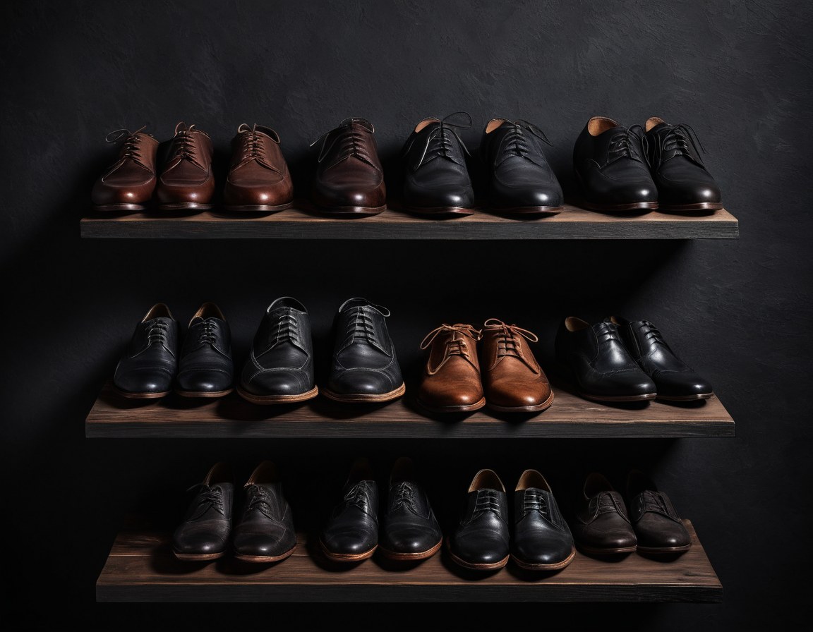 Pares de zapatos de piel alineados en un anaquel oscuro