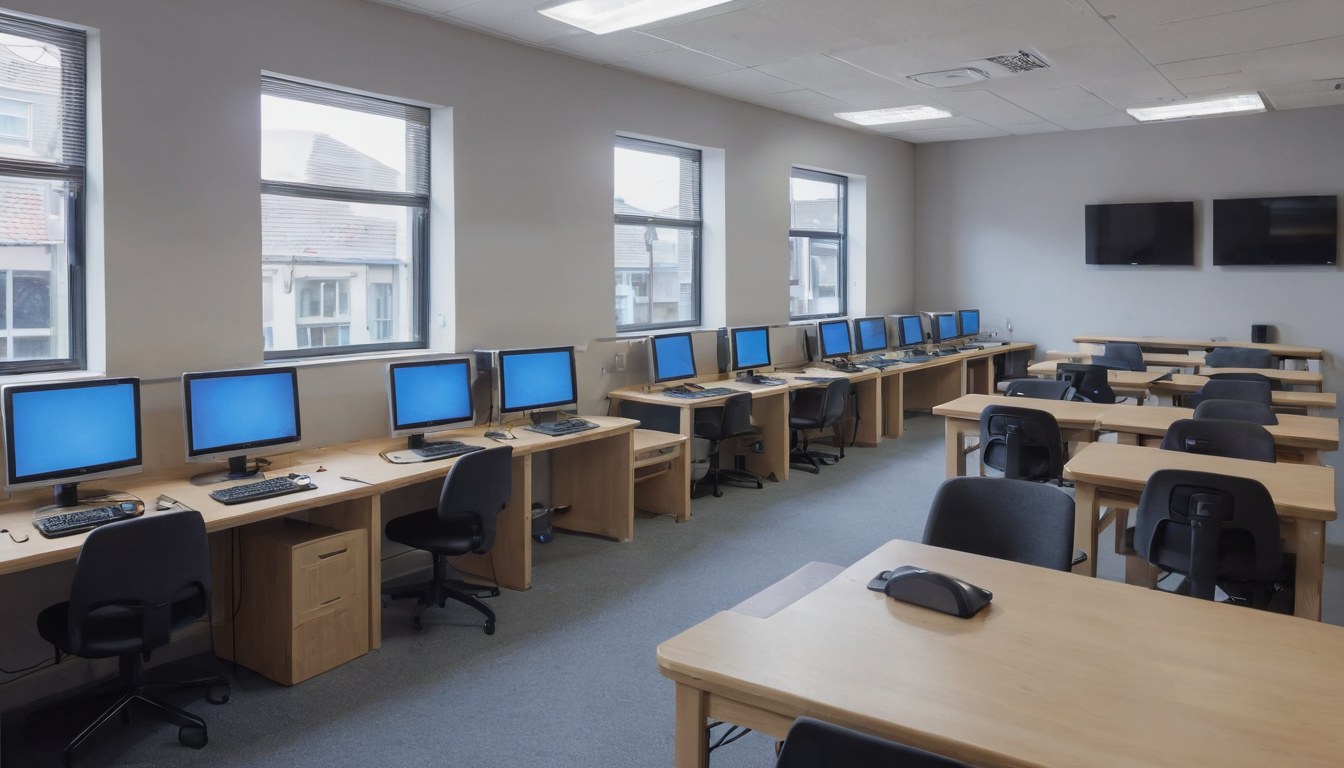 Salón del ciber con dos filas de escritorios y luz de día