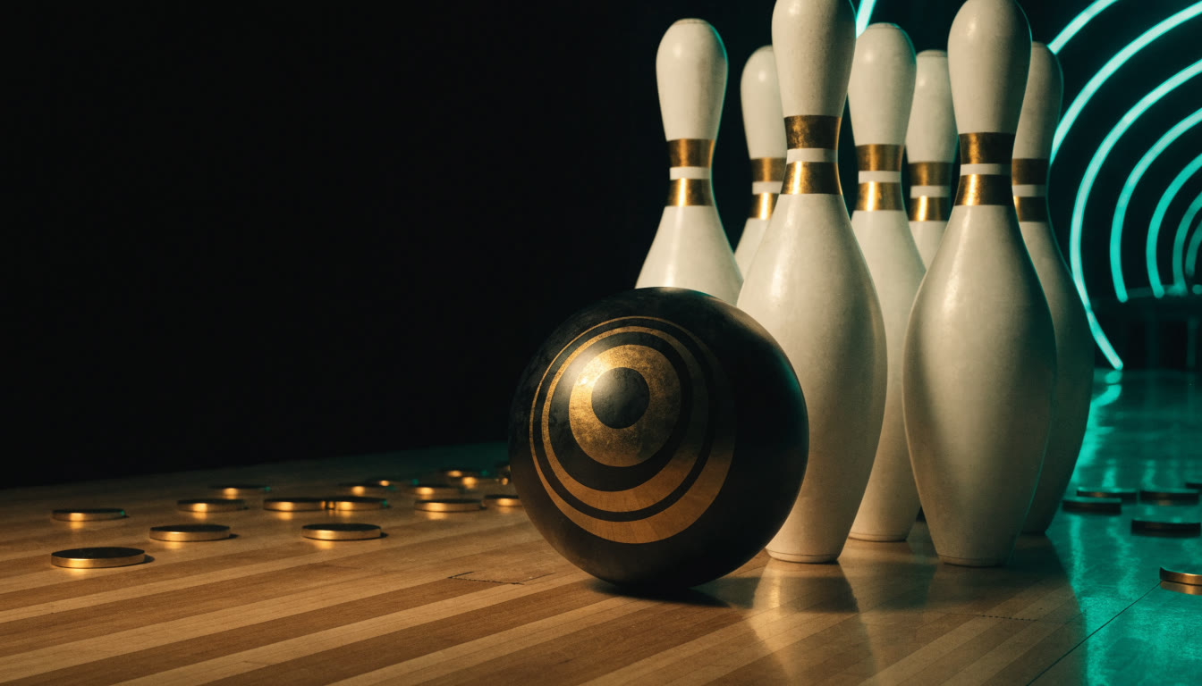 Bola de boliche negra con espiral dorada frente a pinos blancos sobre la pista