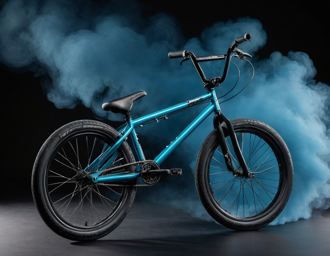 Bicicleta BMX azul petróleo entre humo, de frente