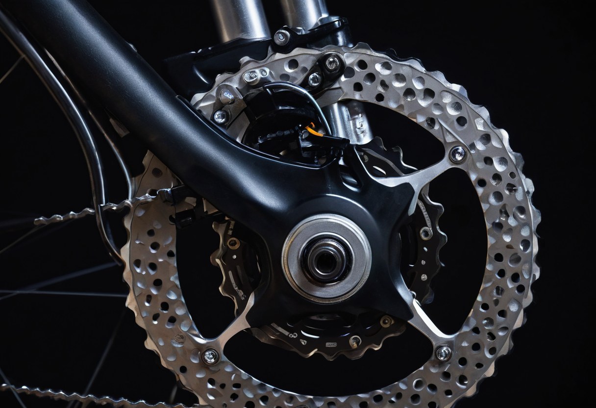 Caliper y disco de freno de bicicleta en primer plano