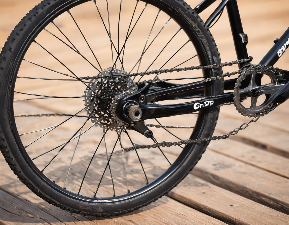 Rueda, pedal y cadena de una BMX sobre banco de madera