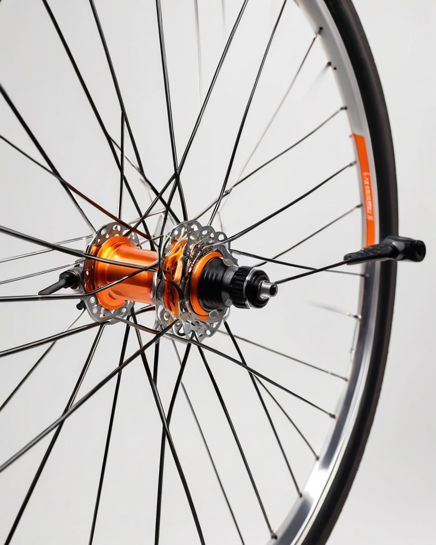 Rueda con maza naranja y rayos recién tensados