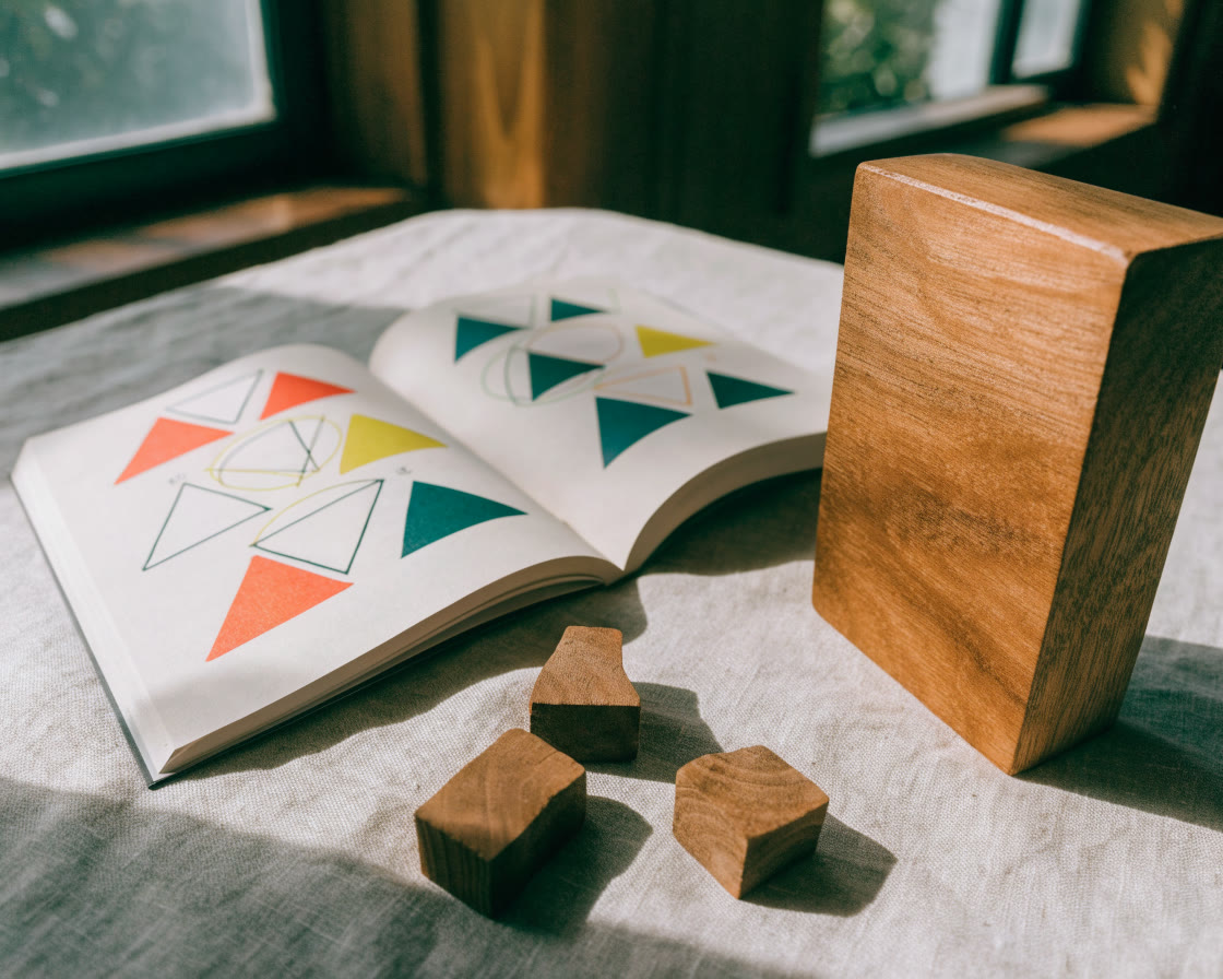 Cuaderno abierto con figuras geométricas de colores junto a bloques de madera
