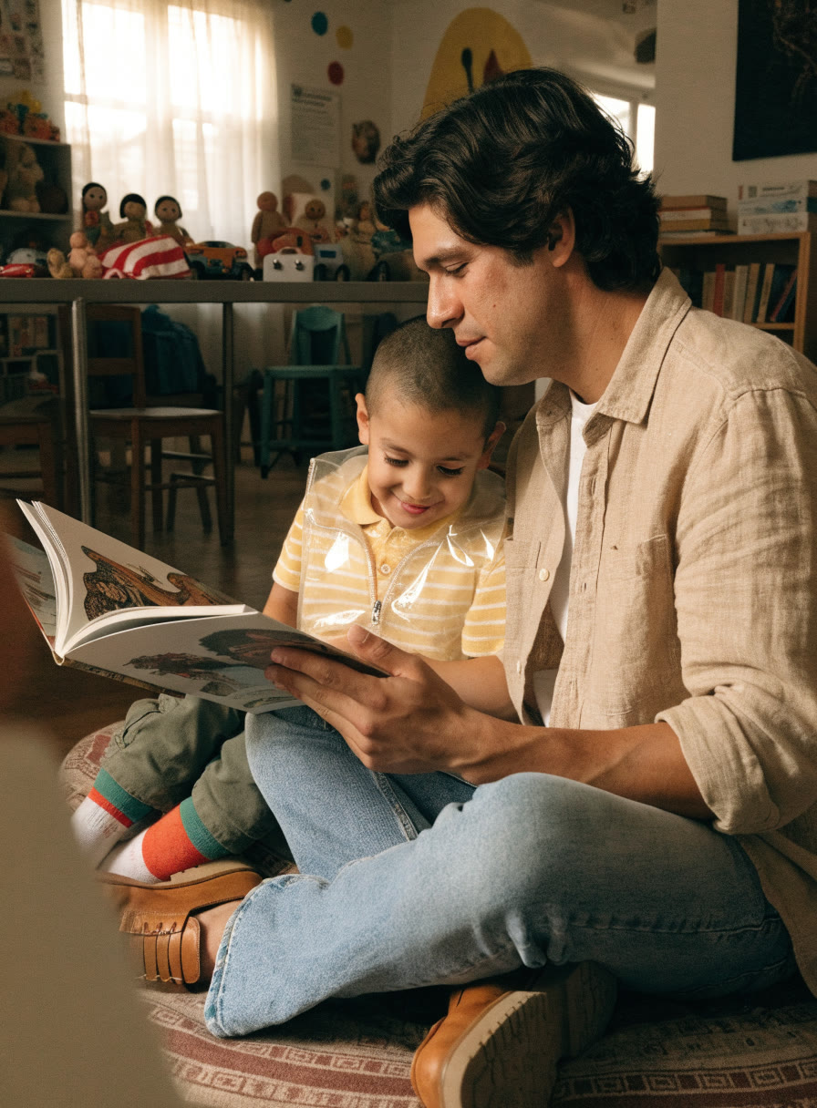 Papá e hijo leen un cuento ilustrado sentados en un cojín