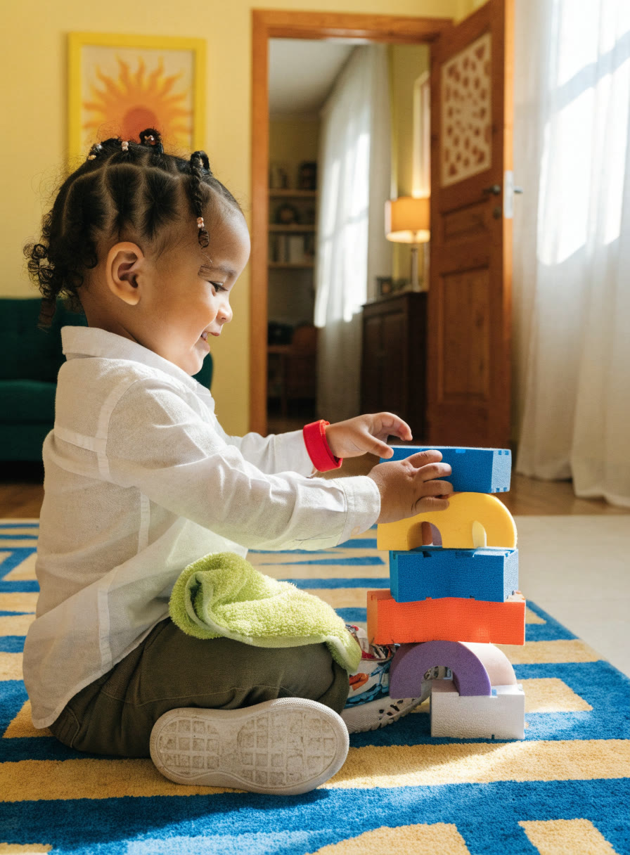 Una niña apila figuras de colores sobre un tapete