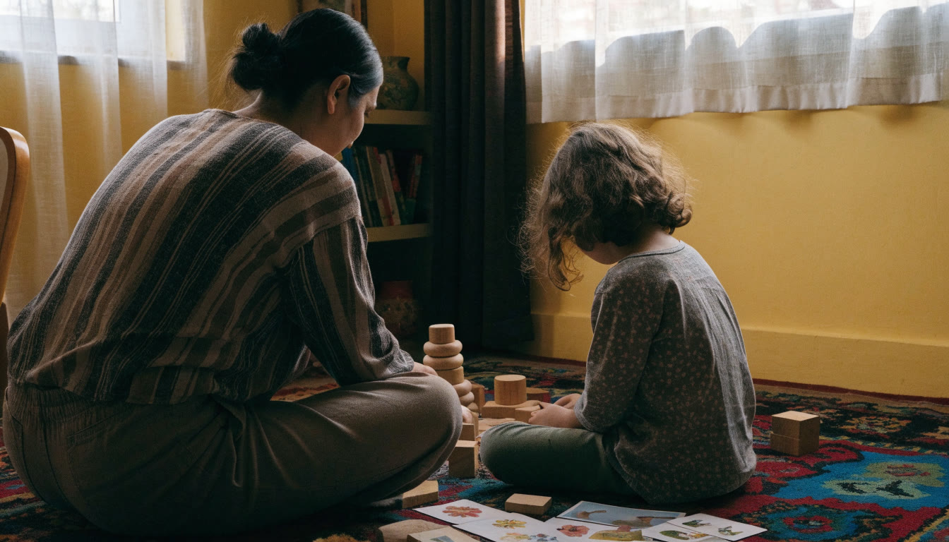 Una mamá y su hija juegan con tarjetas y juguetes de madera en un salón luminoso