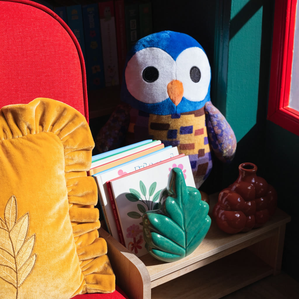 Rincón de lectura con cuentos ilustrados y un búho de peluche