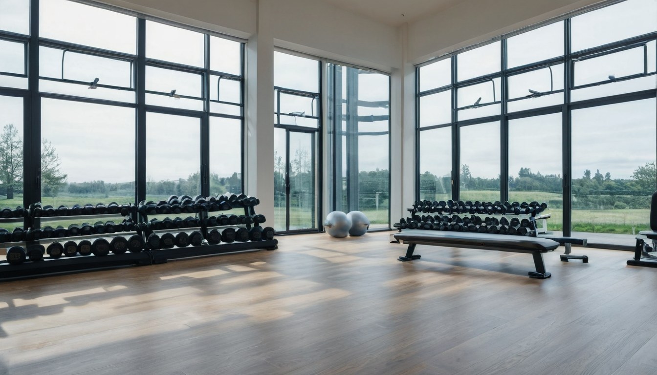 Gimnasio moderno con luz natural y equipo de pesas en Ciudad de México