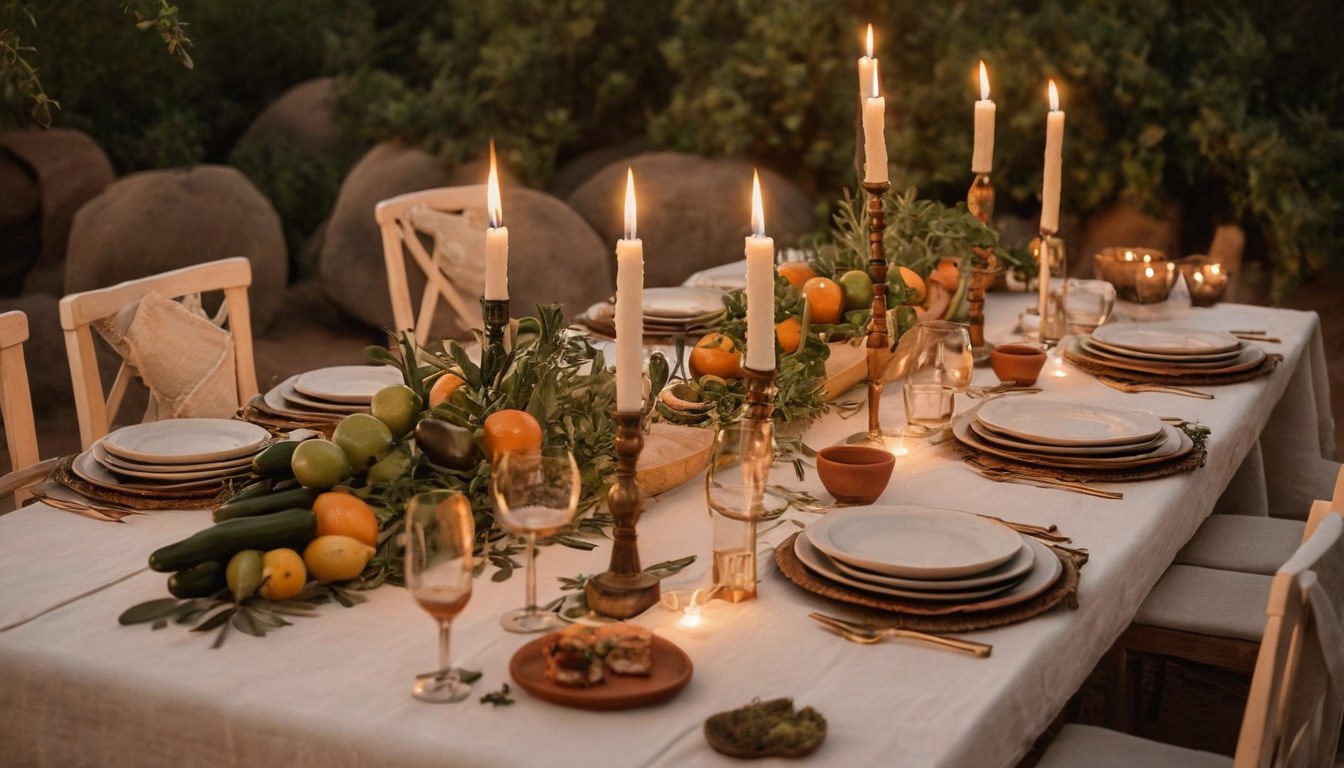 Mesa de banquete de temporada lista para recibir invitados