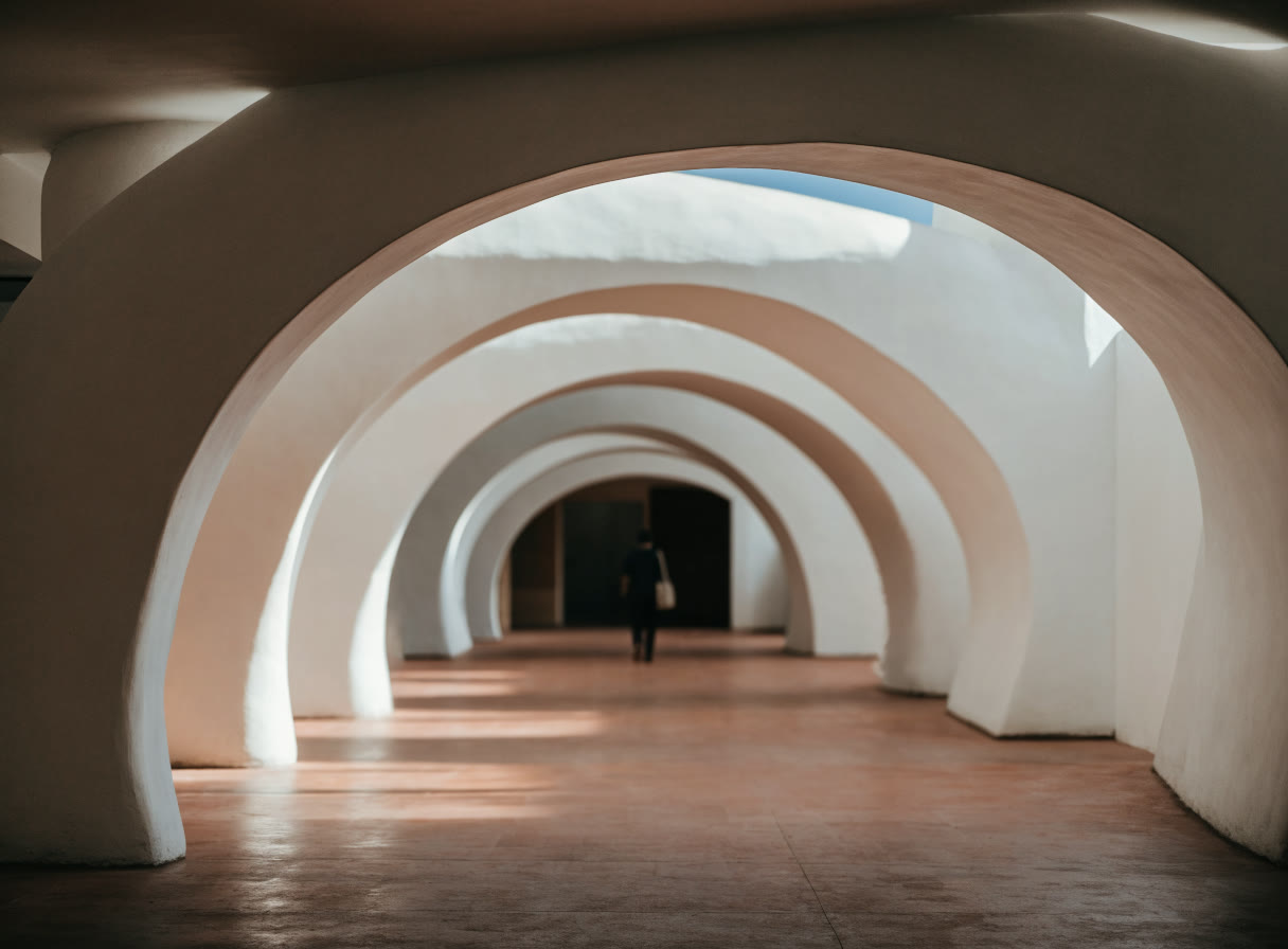 Pasillo de museo visto a través de arcos blancos con piso de barro