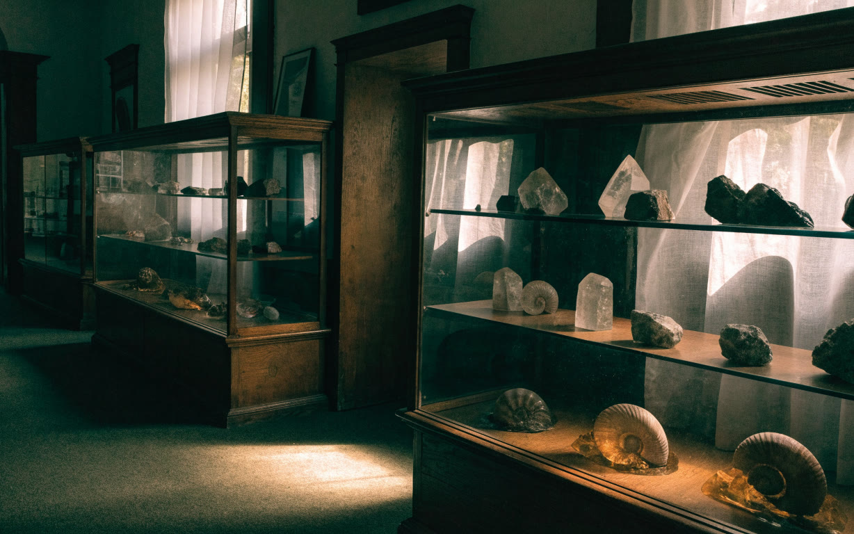 Sala de historia natural con vitrinas de madera, minerales y caracoles bajo luz cálida