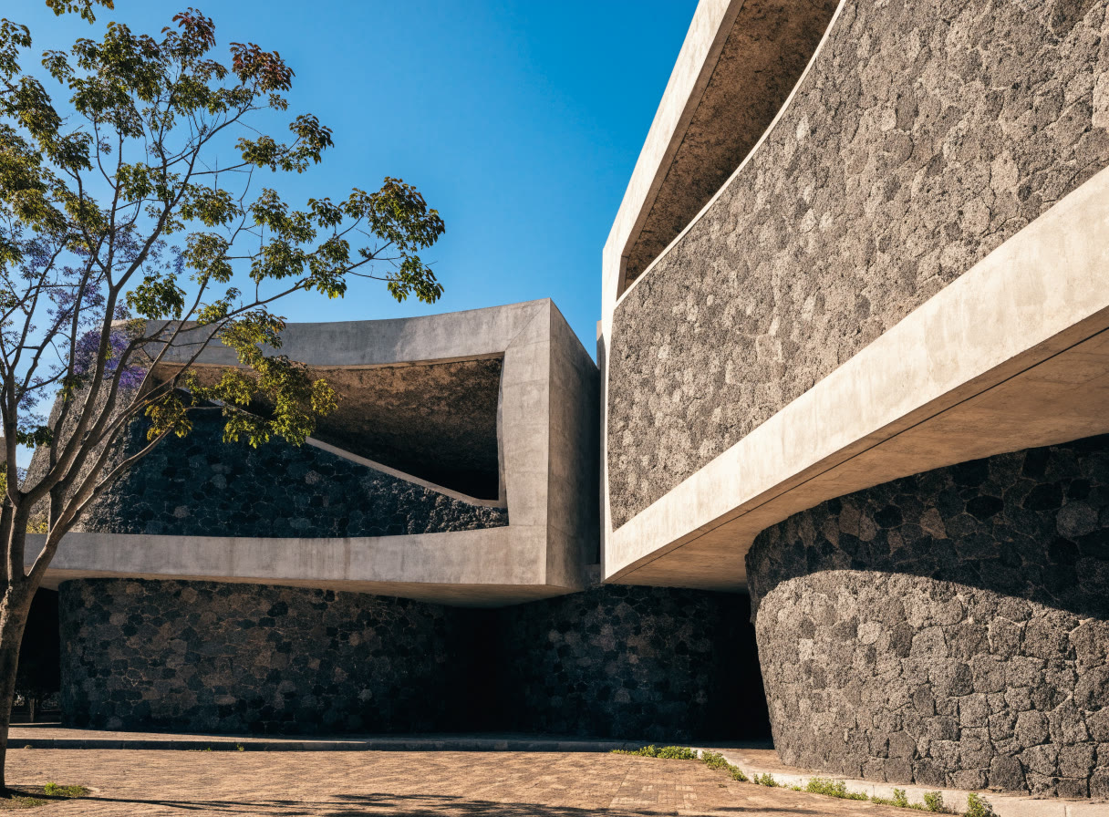 Fachada de piedra volcánica y concreto de un museo con una jacaranda