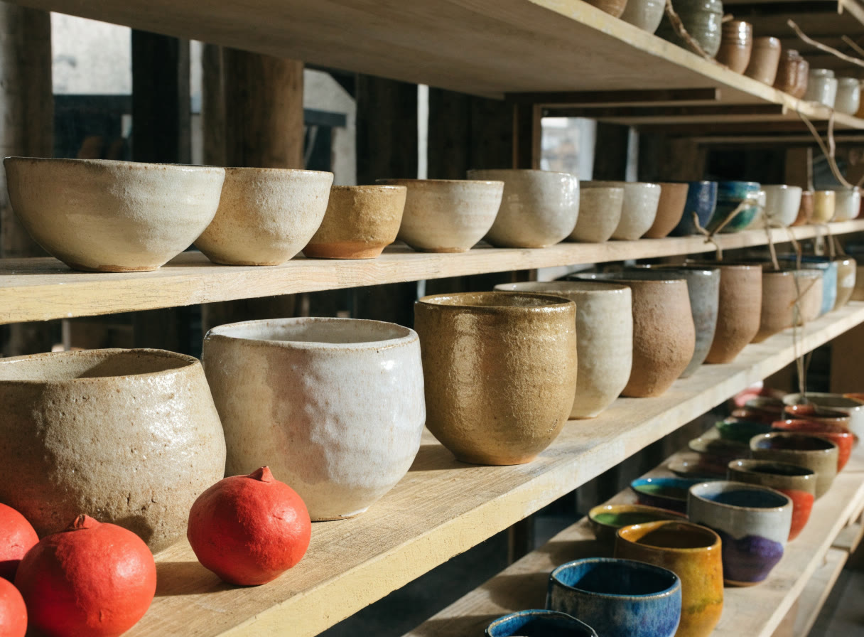 Tazas y tazones de cerámica torneada en esmaltes de tierra
