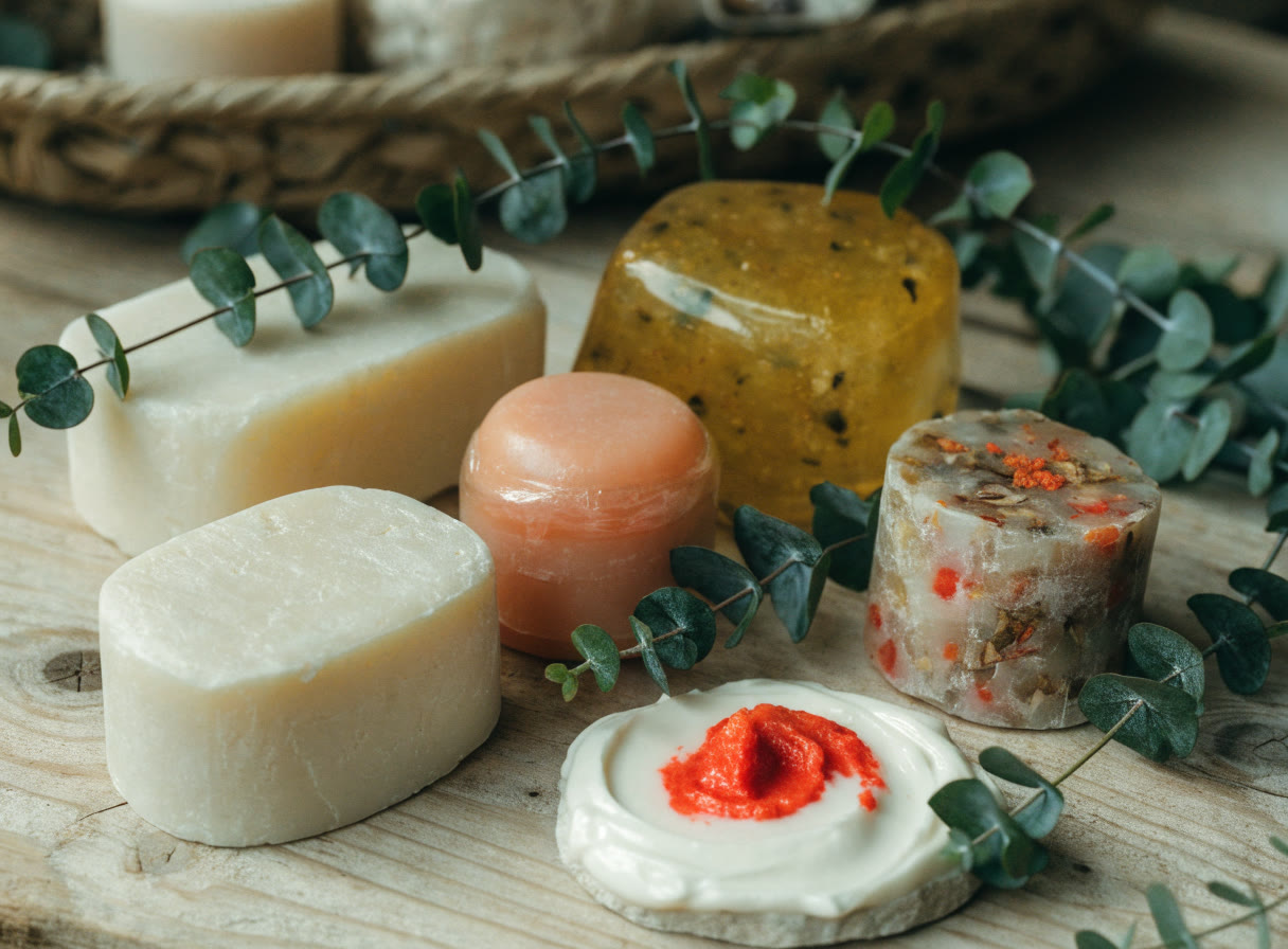 Jabones y bálsamos naturales sobre tabla de madera con eucalipto