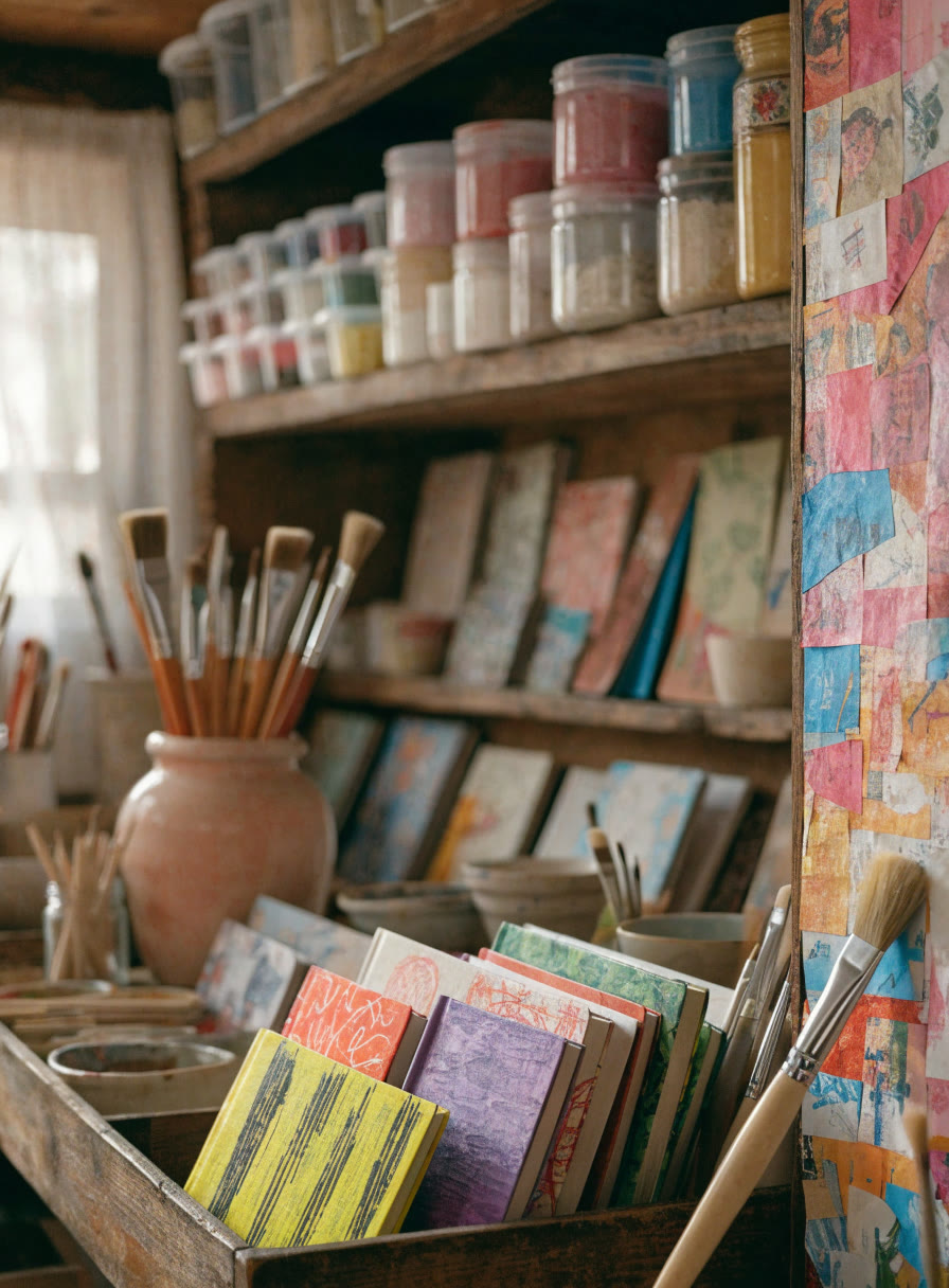 Repisas con libretas hechas a mano, pinceles y materiales de arte