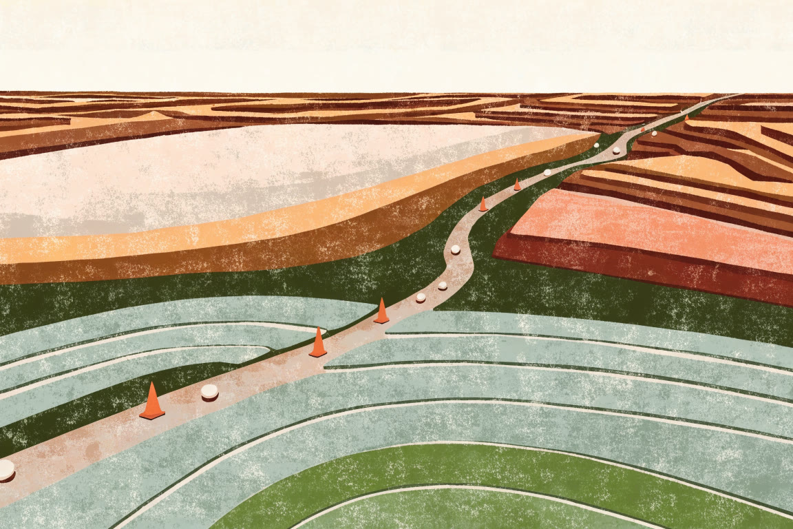 Mapa ilustrado de un camino de acceso entre parcelas con conos y piedras de señal
