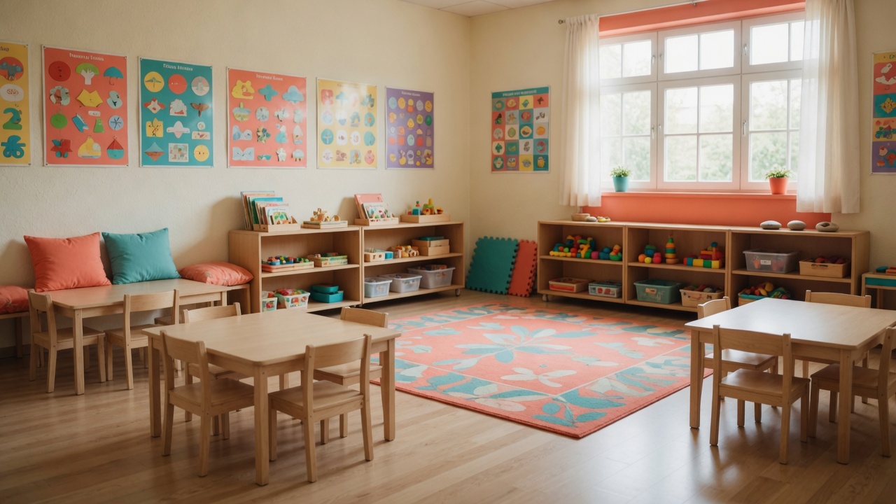 Aula de guardería luminosa con mobiliario infantil y materiales educativos en Ciudad de México