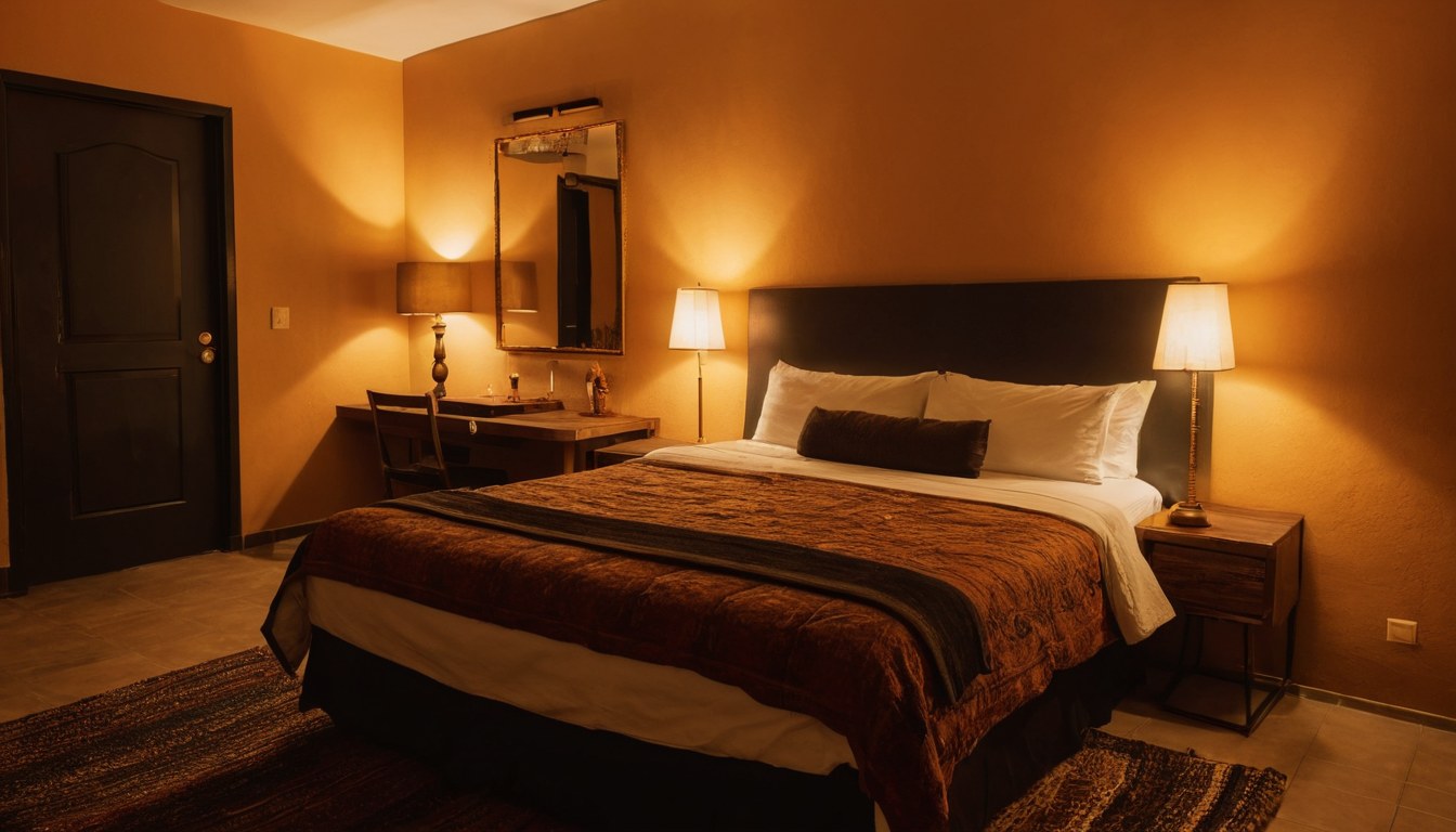 Habitación de motel con iluminación cálida
