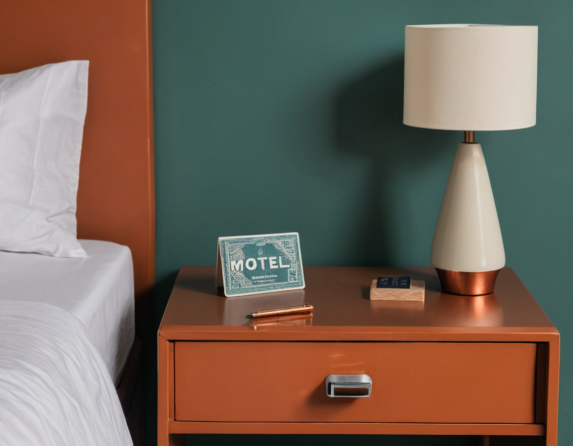 Detalle de habitación de motel con luz cálida de noche