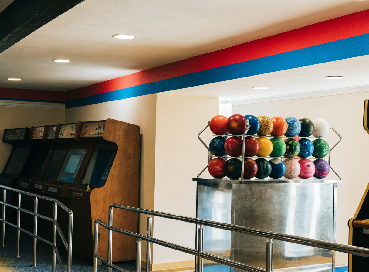 Rincón con máquinas de arcade y un rack de bolas de colores