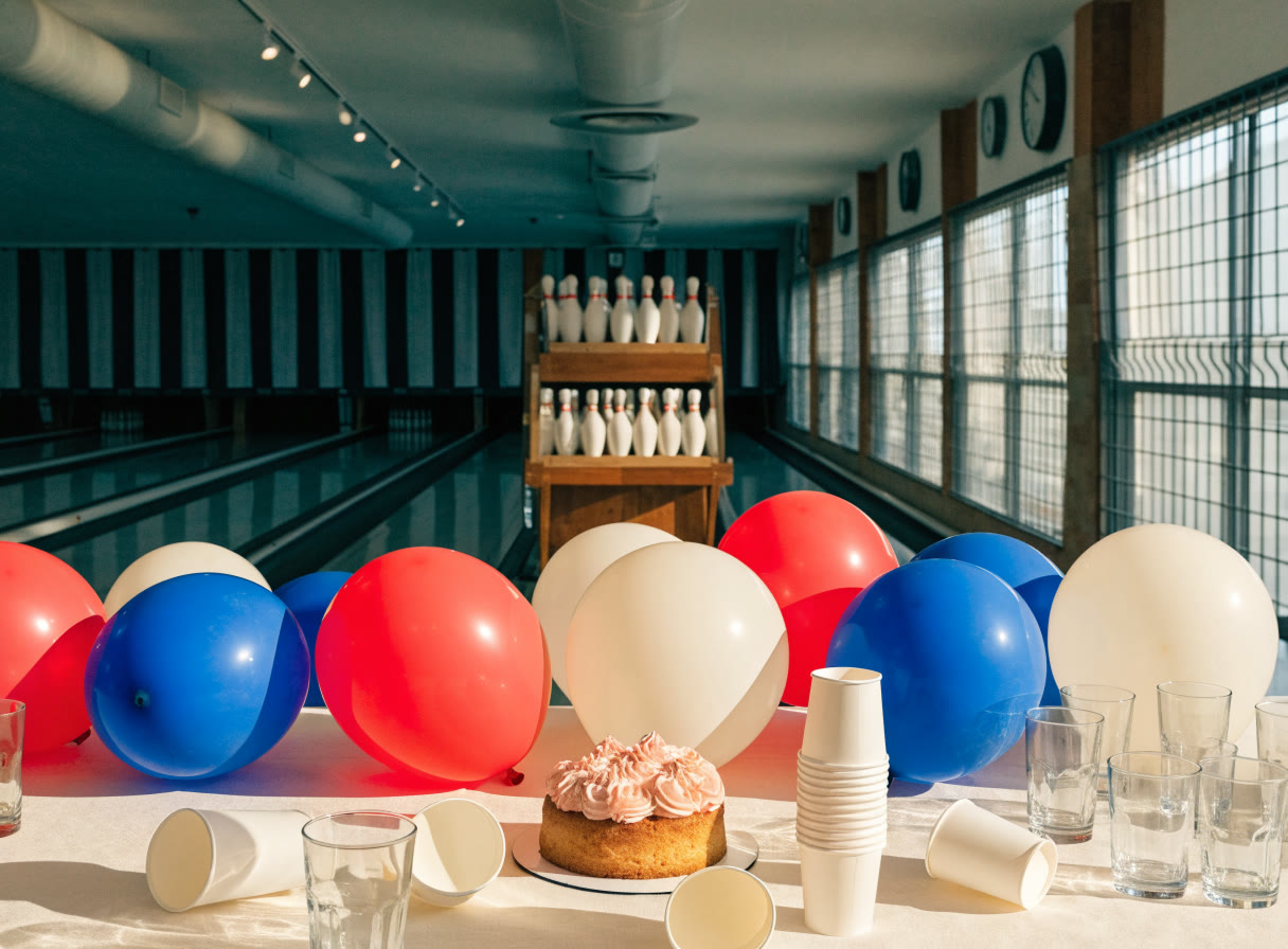 Mesa de cumpleaños con globos rojos, azules y crema junto a las pistas