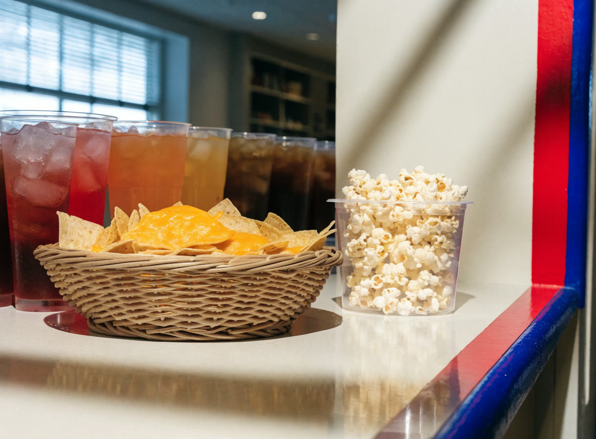 Nachos, palomitas y refrescos con hielo en la barra