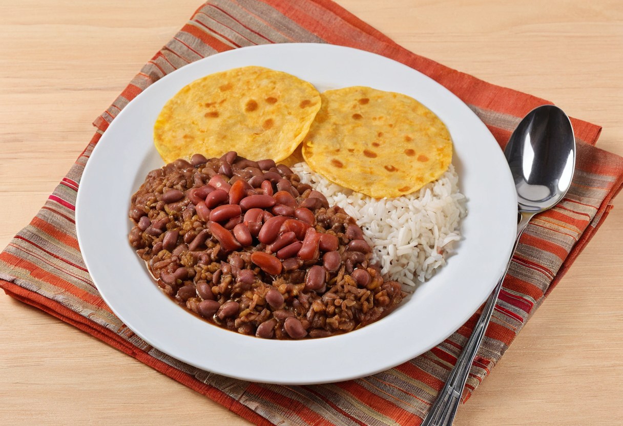 Charola individual con guisado, arroz, frijoles y tortillas