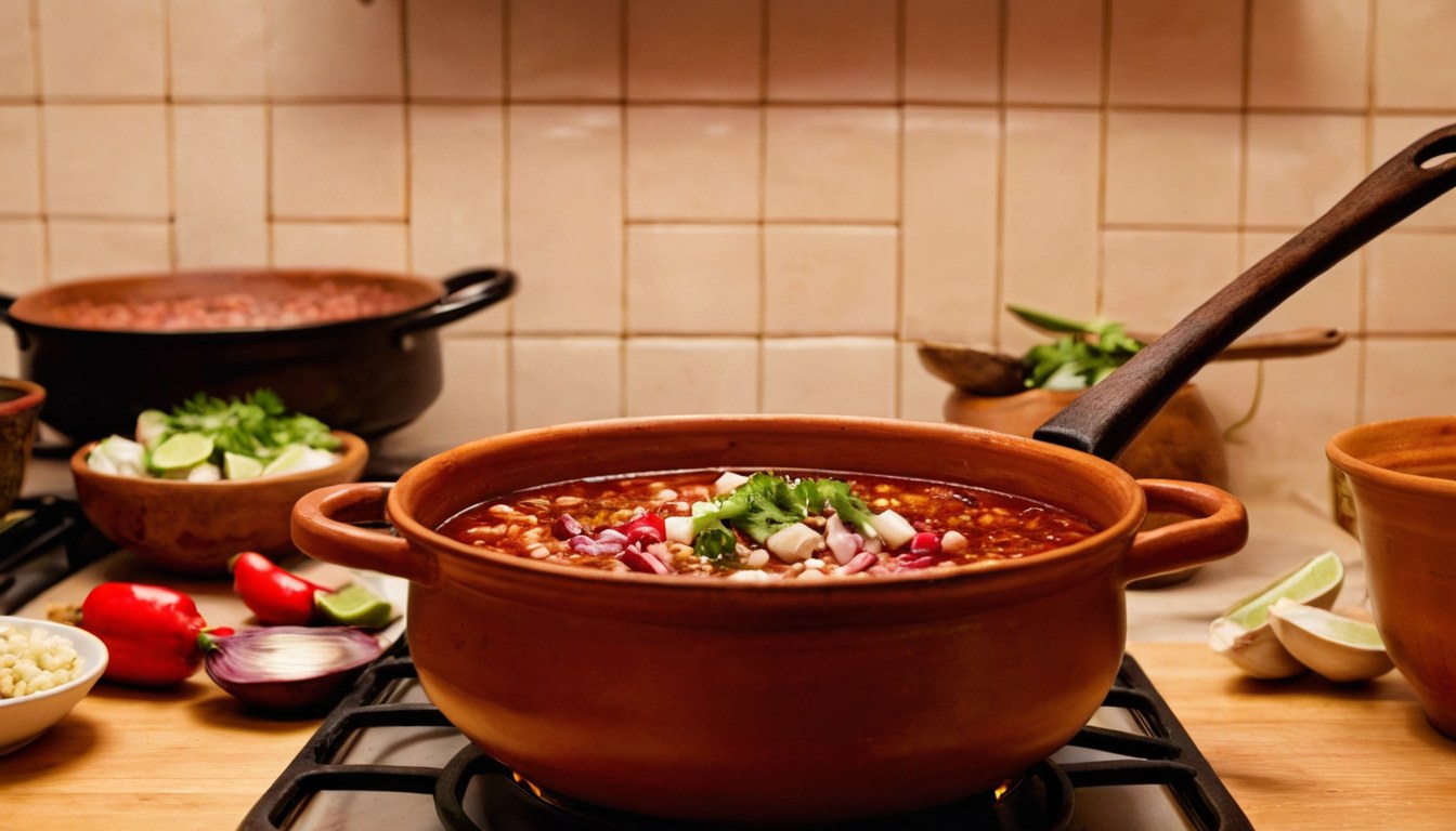 Preparación tradicional de pozole en una olla amplia